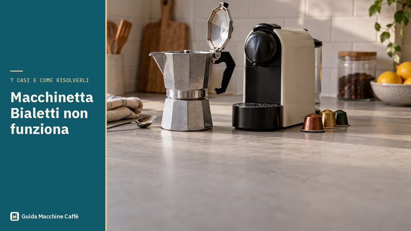 Illustrazione della macchinetta Bialetti non funziona: moka aperta e macchina a capsule sul piano di lavoro