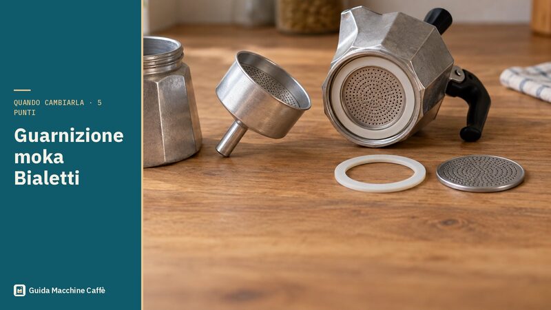 Illustrazione della guarnizione moka Bialetti: moka smontata con guarnizione e piastrina filtro nuove accanto