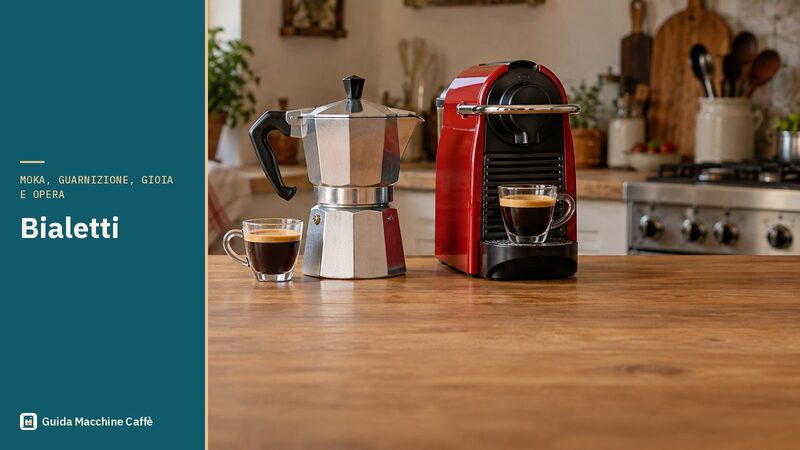 Illustrazione di una moka in alluminio e di una macchina a capsule per la guida Bialetti