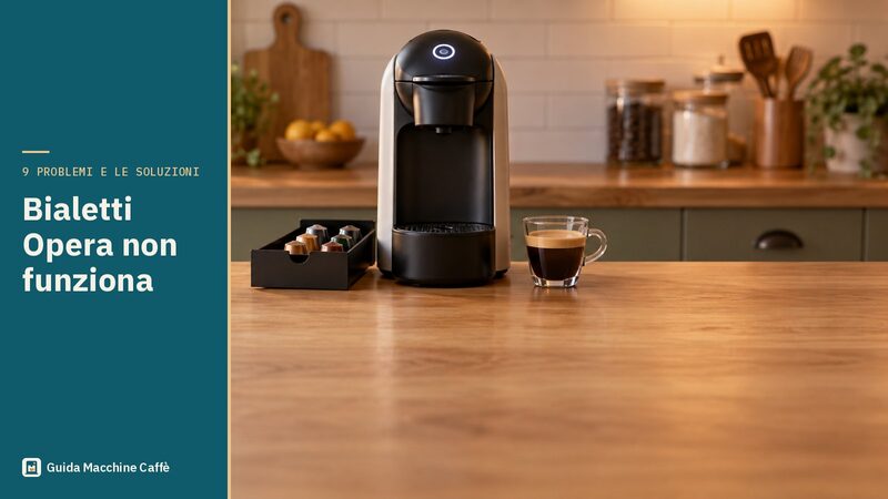 Illustrazione della Bialetti Opera non funziona: macchina a capsule con un tasto luminoso e il cassettino estratto