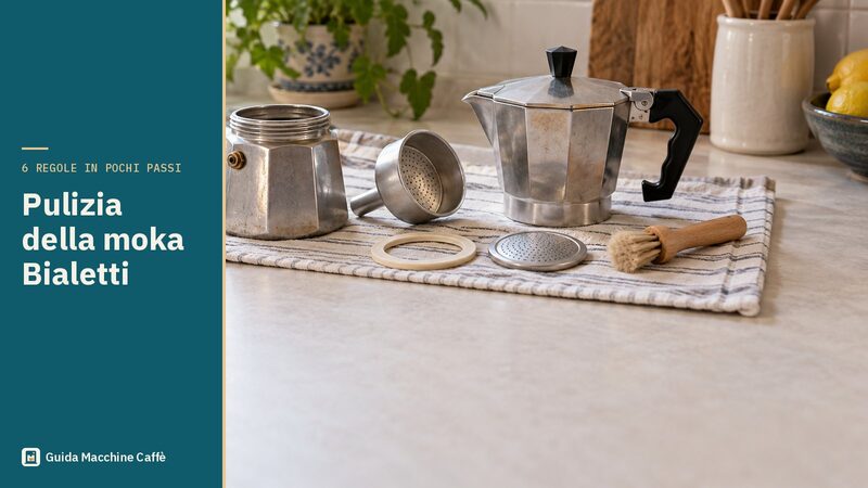 Illustrazione della pulizia della moka Bialetti: moka smontata ad asciugare su un panno con uno spazzolino