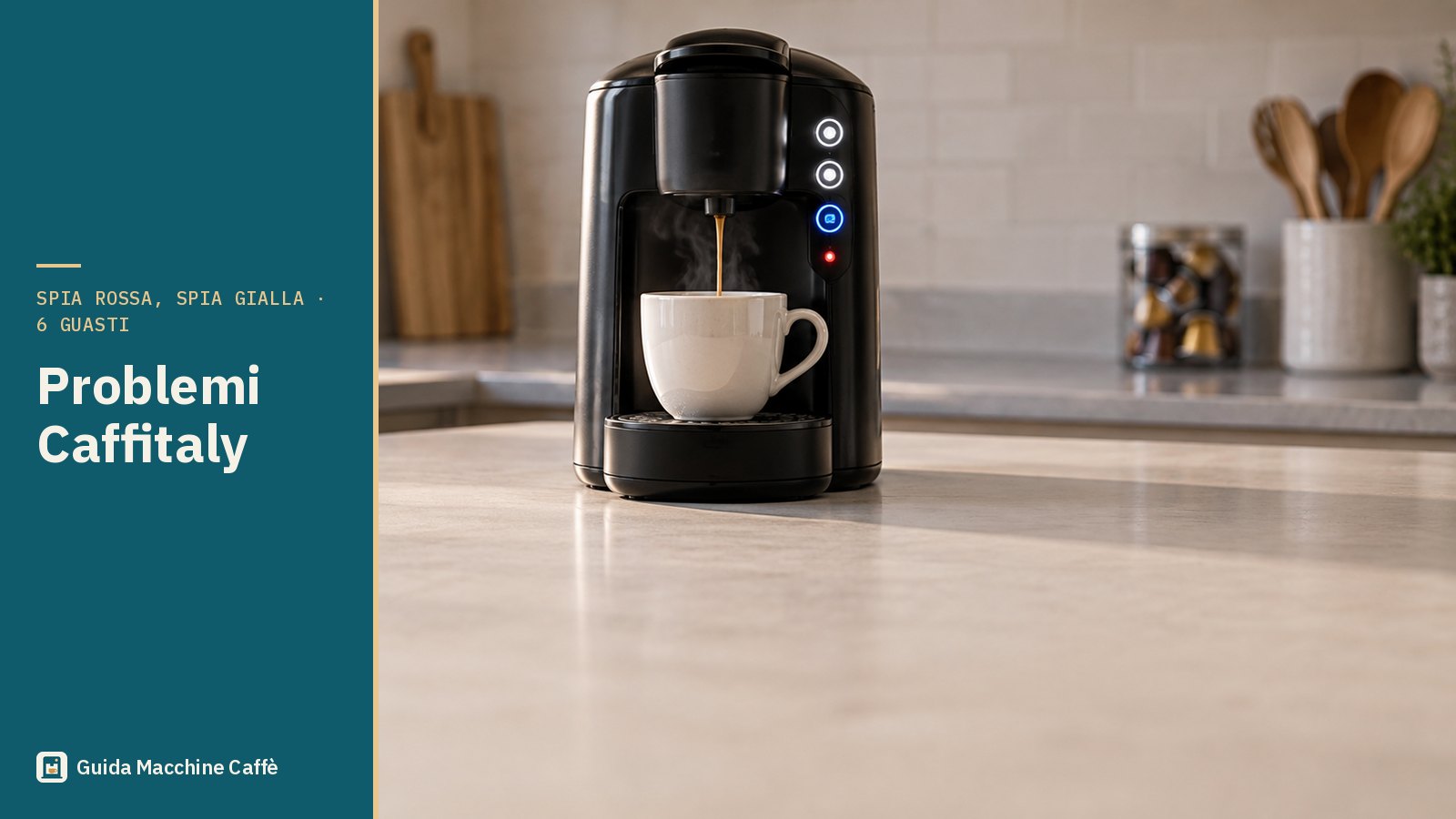 Illustrazione dei problemi Caffitaly: macchina a capsule con 3 tasti accesi e una spia rossa che lampeggia sul frontale