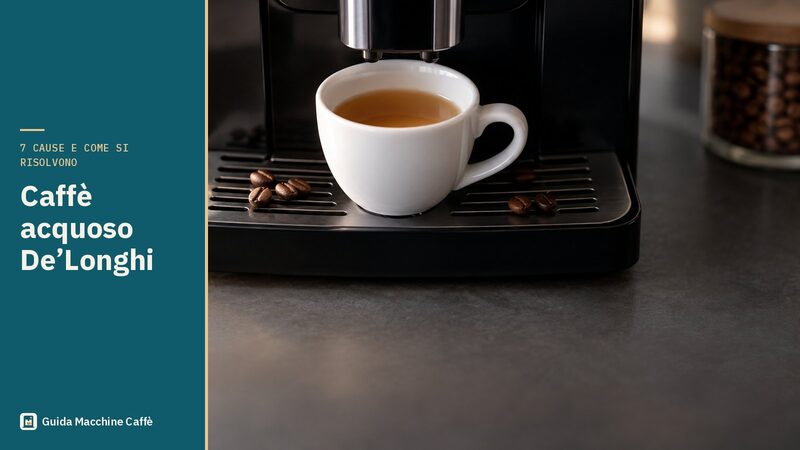 Illustrazione del caffè acquoso De'Longhi: tazzina di caffè chiaro e senza crema sotto l'erogatore di una superautomatica