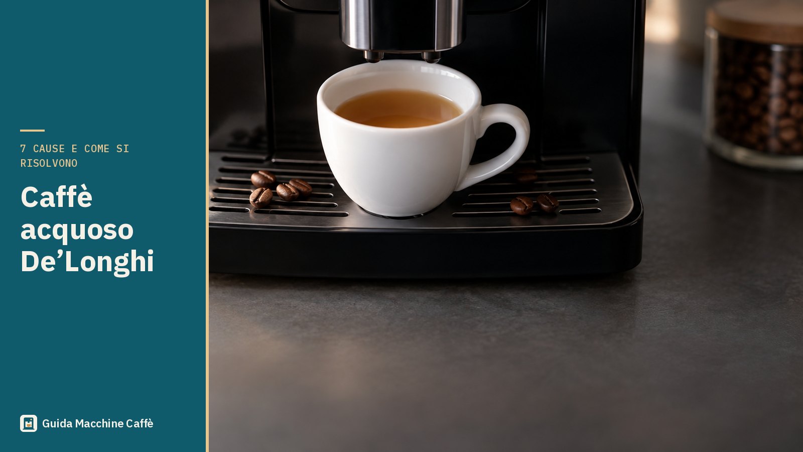 Illustrazione del caffè acquoso De'Longhi: tazzina di caffè chiaro e senza crema sotto l'erogatore di una superautomatica