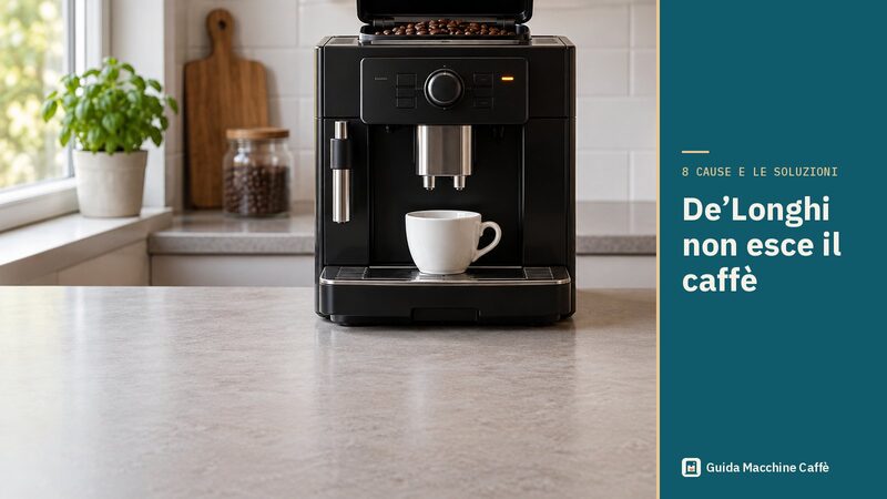 Illustrazione della De'Longhi non esce il caffè: tazzina vuota sotto l'erogatore di una superautomatica con la spia accesa