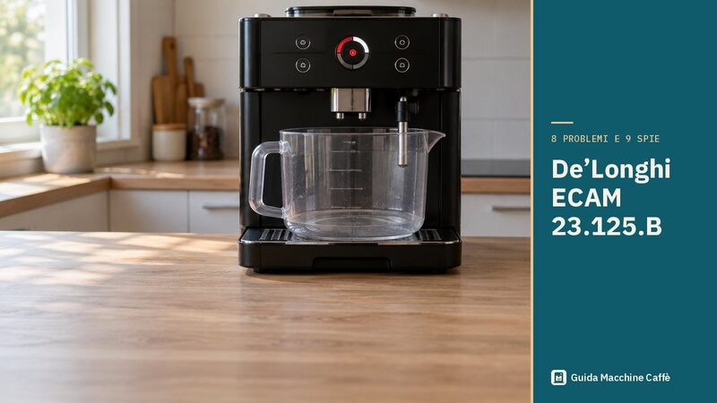Illustrazione della De'Longhi ECAM 23.125.B: superautomatica nera con il tasto di risciacquo che lampeggia rosso e bianco
