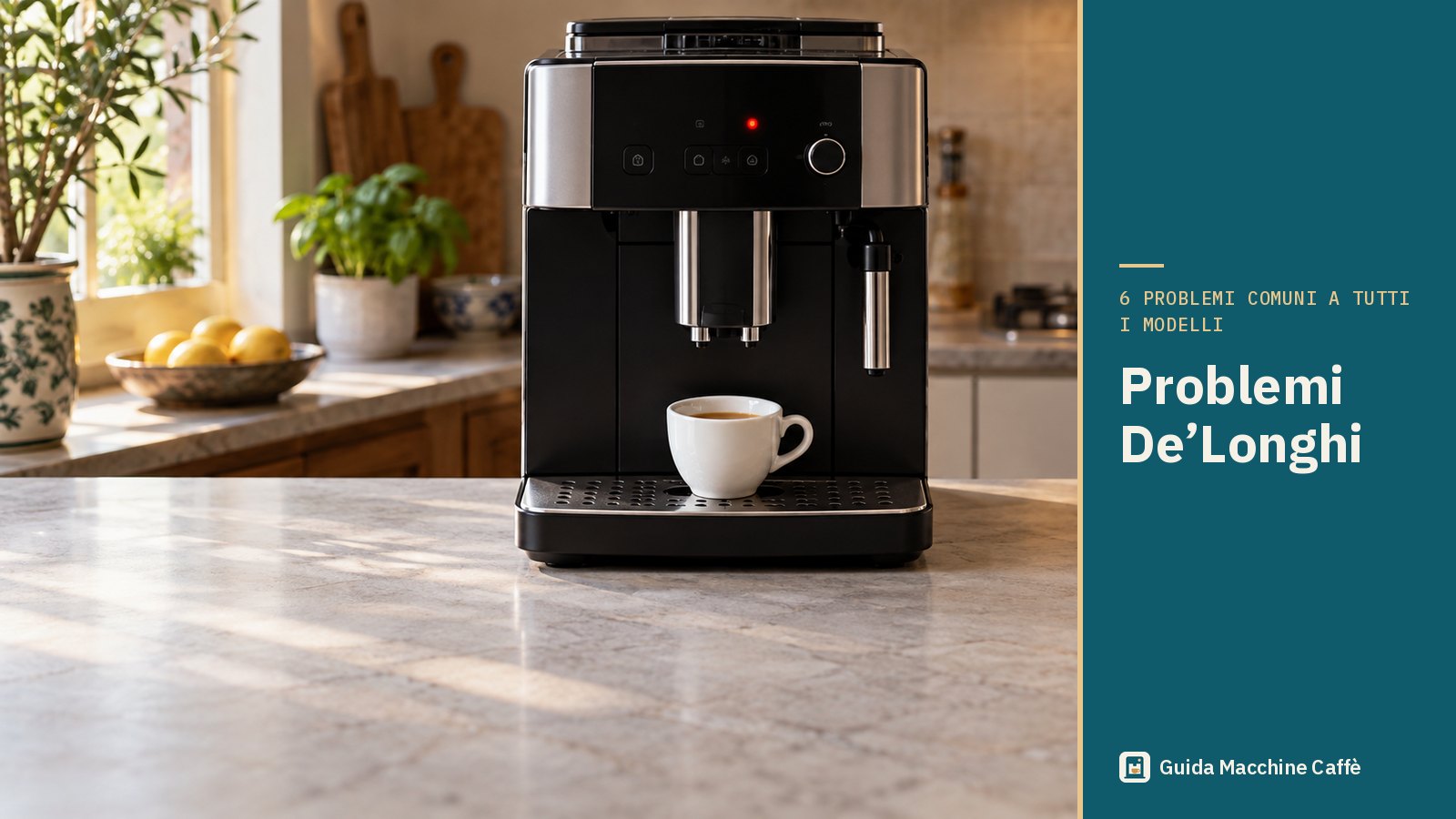 Illustrazione dei problemi De'Longhi: superautomatica con la spia accesa e una tazzina di caffè senza crema