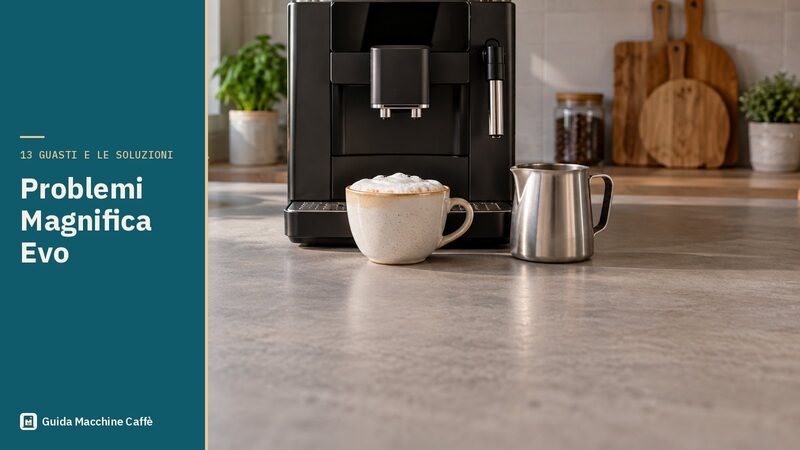 Illustrazione dei problemi De'Longhi Magnifica Evo: superautomatica con la lattiera e una tazza di cappuccino con bolle grandi