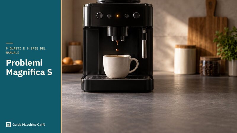 Illustrazione dei problemi De'Longhi Magnifica S: superautomatica con una spia lampeggiante e il caffè che esce a gocce