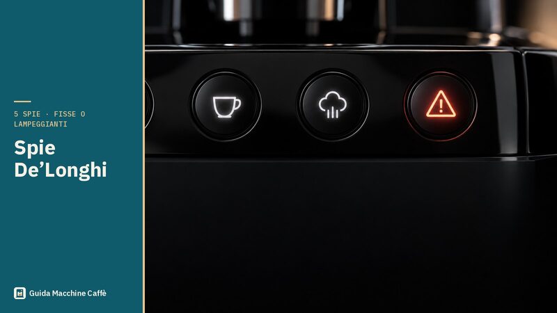 Illustrazione delle spie De'Longhi: pannello di una superautomatica con le spie di acqua, caffè e vapore e l'allarme acceso in rosso