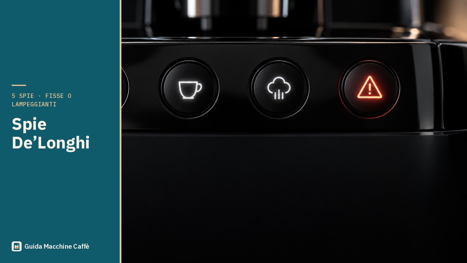 Illustrazione delle spie De'Longhi: pannello di una superautomatica con le spie di acqua, caffè e vapore e l'allarme acceso in rosso