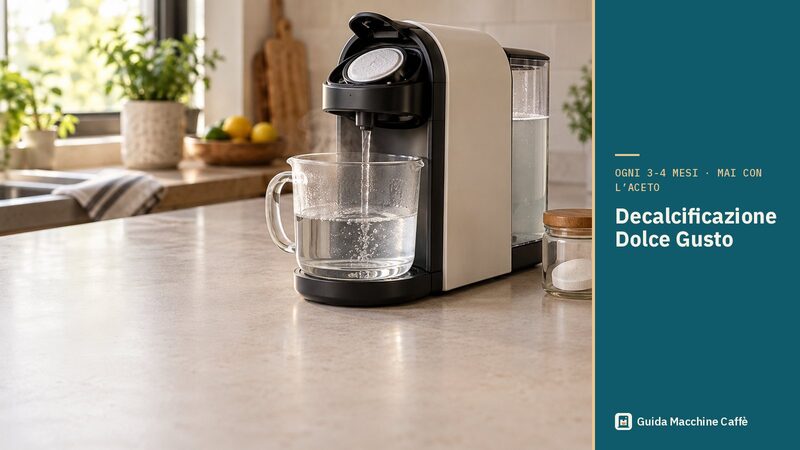 Illustrazione della decalcificazione Dolce Gusto: macchina a capsule con l'utensile di risciacquo e un recipiente sotto l'erogatore