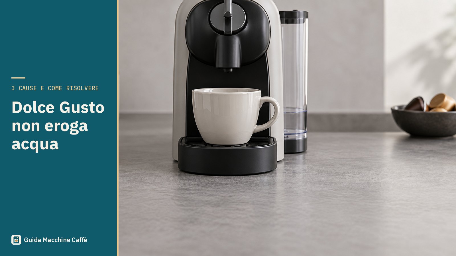 Illustrazione della Dolce Gusto non eroga acqua: ugello sopra una tazza vuota con la leva in posizione STOP