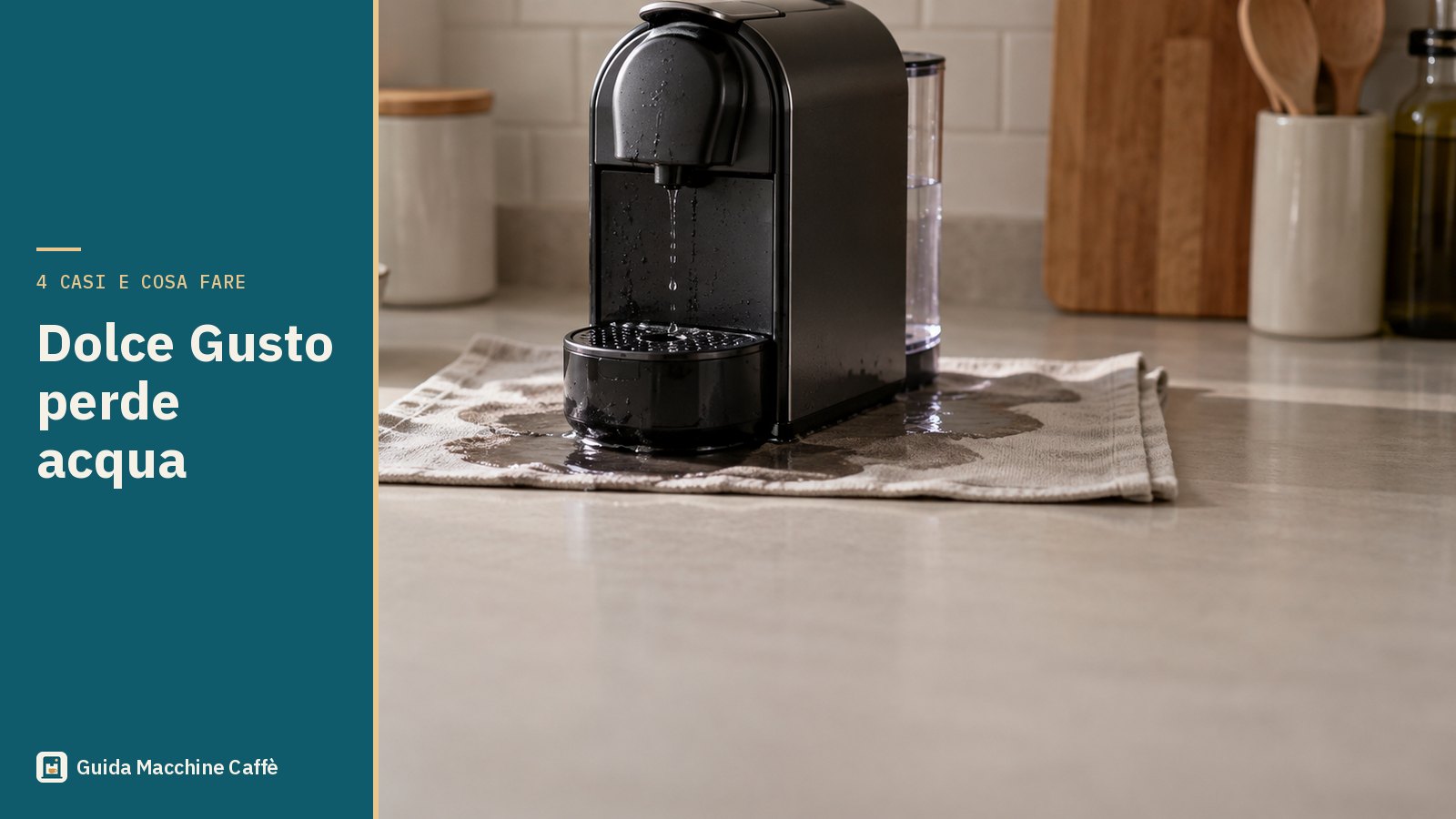 Illustrazione della Dolce Gusto perde acqua: macchina a capsule su un panno con acqua attorno al supporto per capsule