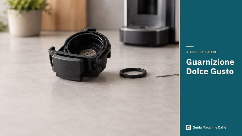 Illustrazione della guarnizione Dolce Gusto: supporto per capsule estratto con una piccola guarnizione di gomma e l'ago di pulizia