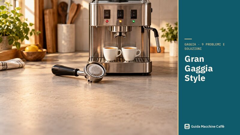 Illustrazione della Gran Gaggia Style: macchina espresso manuale con interruttori, portafiltro e cialda di carta