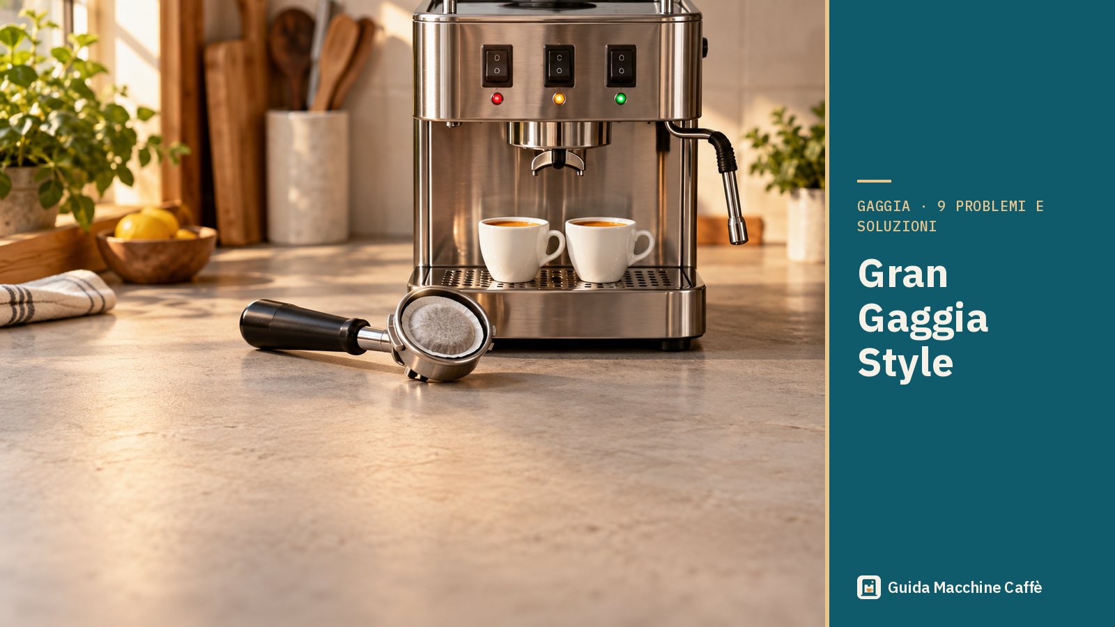 Illustrazione della Gran Gaggia Style: macchina espresso manuale con interruttori, portafiltro e cialda di carta