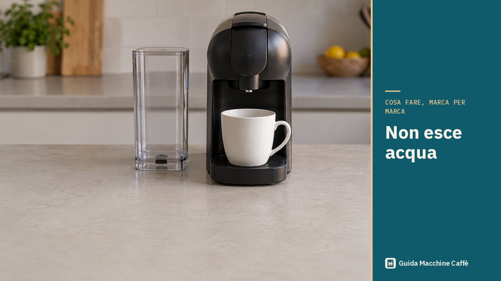 Illustrazione della macchina del caffè non esce acqua: macchina a capsule con il serbatoio vuoto estratto e la tazza vuota