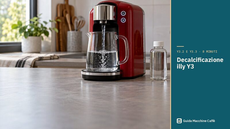 Illustrazione della decalcificazione illy Y3: macchina a capsule compatta con i 2 tasti accesi e un recipiente sotto l'erogatore