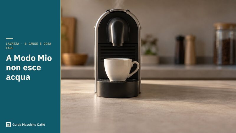 Illustrazione della Lavazza A Modo Mio non esce acqua: erogatore sopra una tazzina vuota e vapore dal vano capsule