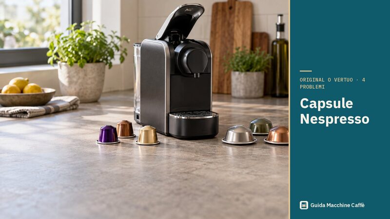 Illustrazione delle capsule Nespresso: capsule Original e Vertuo accanto a una macchina a capsule con la leva aperta