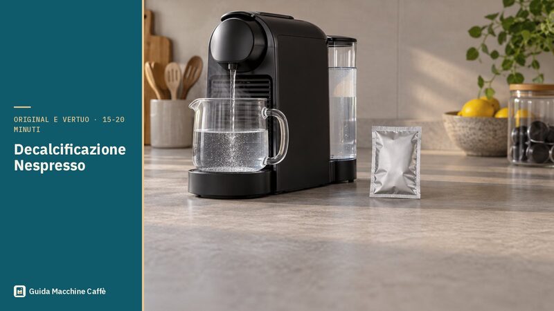Illustrazione della decalcificazione Nespresso: macchina a capsule con la soluzione nel serbatoio e un recipiente da 1 litro
