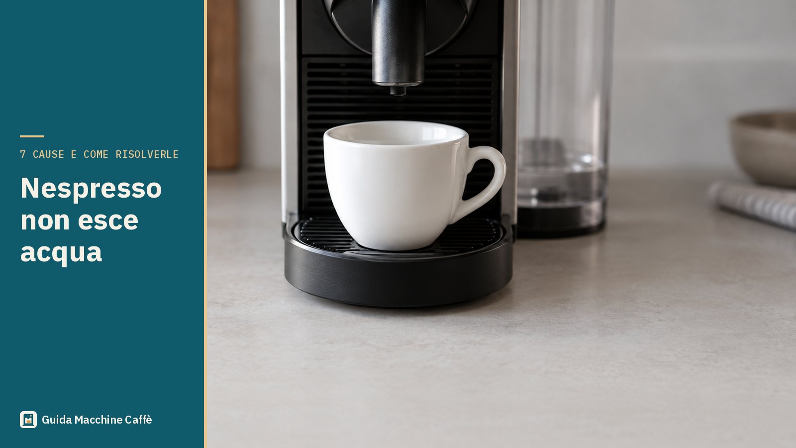Nespresso non esce acqua: illustrazione di un erogatore sopra una tazzina vuota e del serbatoio quasi vuoto