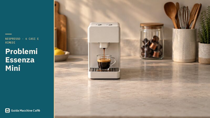 Illustrazione dei problemi Nespresso Essenza Mini: piccola macchina a capsule con due pulsanti e gocce sulla griglia