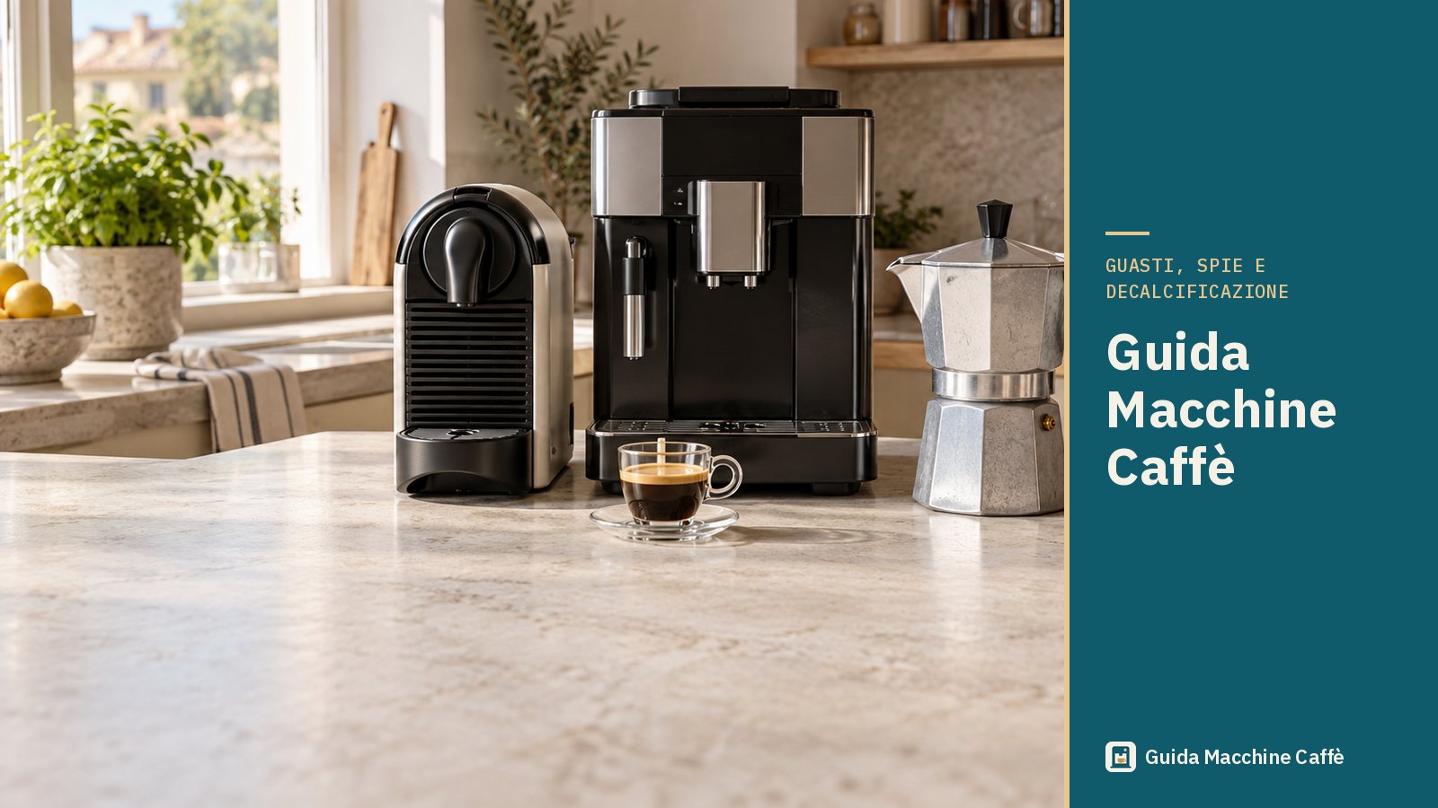 Illustrazione della Guida Macchine Caffè: macchina a capsule, superautomatica e moka su un piano di cucina con una tazzina